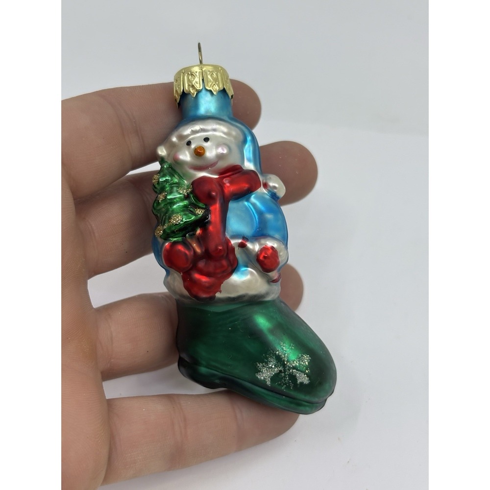 Vintage Snowman Green Stocking Painted Glass Holiday Christmas Tree Ornament